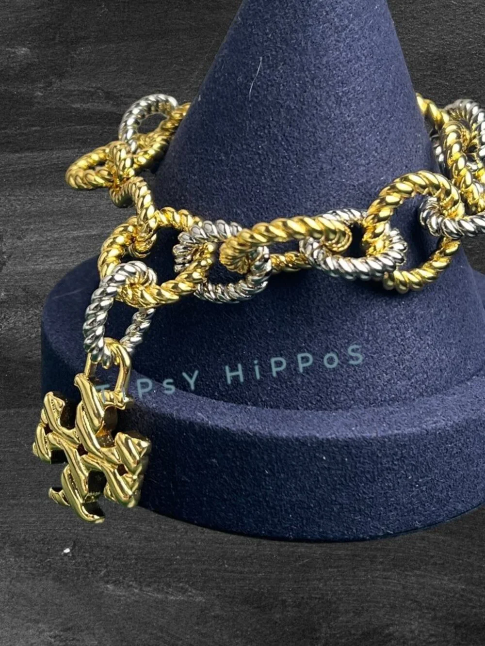 Tory Burch Gold & Silver Twist Rope Chain Bracelet With Logo Pendant In Gift Pou